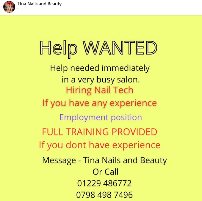 Help Wanted Tina Nails and Beauty